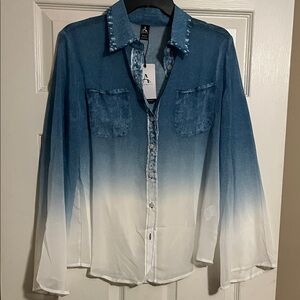 Denim Ombre Button-Up Shirt with Studded Collar